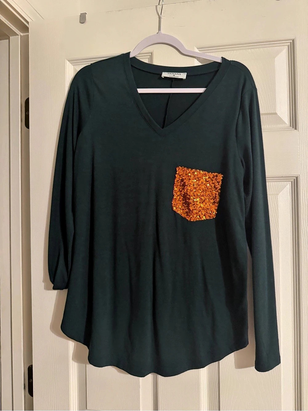 ZENANA Long Sleeve V-Neck Front Sequin Pocket Top Sequin Pocket Tunic Green &